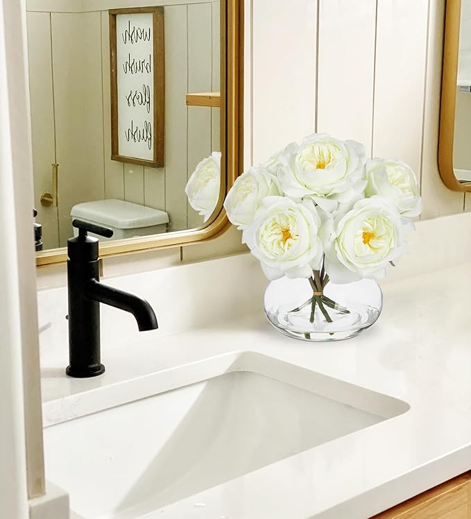 Hollyone White Roses Peonies Artificial Flowers with Glass Vase Silk David Austin Roses Faux Flowers Arrangements with Clear Faux Water in Vase Fake Peonies Rose Peony Floral Bulk Bouquet Home Decor