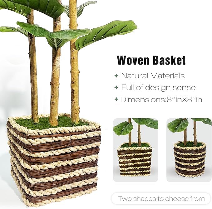 Artificial Fiddle Leaf Fig Tree Indoor with Woven Basket - 5ft Tall Fake Tree with Real-Wood Trunk,Faux Plants for Living Rooms, Offices, Kitchens & Outdoor Spaces (Square Basket)