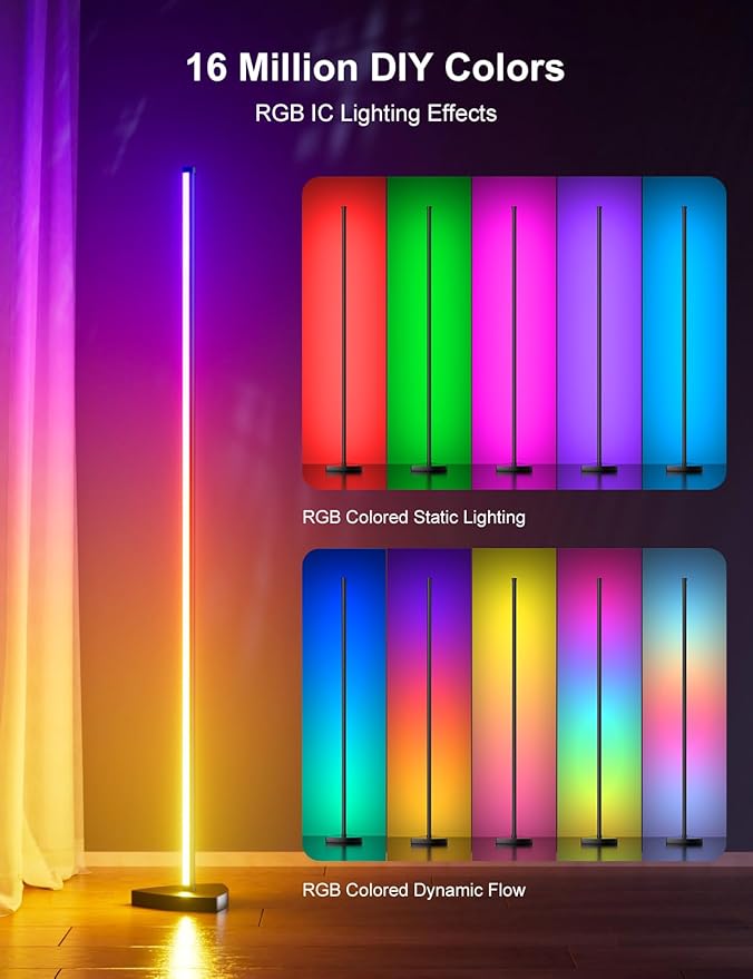 Corner Floor Lamp, 57.5" LED Corner Lamp with APP and Remote Control, 16 Million Colors & Dynamic Modes, Music Sync, Timing Function, Color Changing Ambient Light for Living Room, Bedroom, Gaming