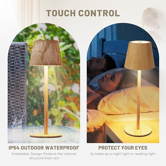 Maksone 2 Pack LED Cordless Table Lamp, 6600mWh Rechargeable Battery Desk Lamp, 3000K Stepless Dimming Night Light, IP54 Waterproof Metal Outdoor Portable Lamp for Bedroom, Restaurant(Wood Grain)