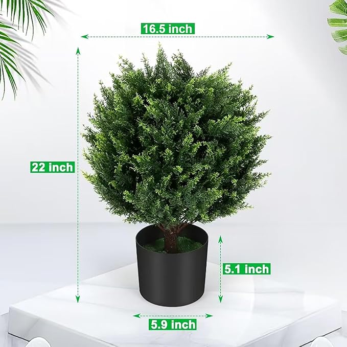 21''T Artificial Cedar Topiary Ball Tree 2 Pack, Outdoors Artificial Shrubs Fake Plants Uv Rated Potted Plants for Outdoor, Indoor, Front Door, Office Decor.