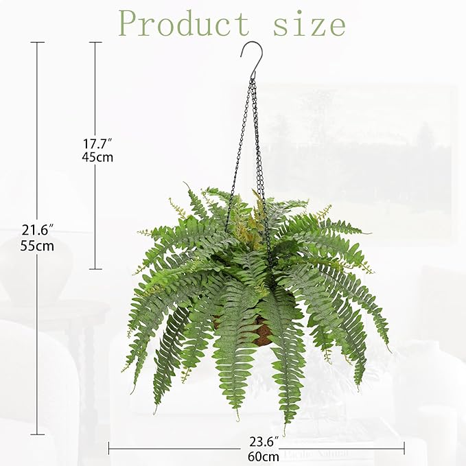Fake Hanging Plants Large Boston Fern Artificial Plants Outdoor Realistic Fake Ferns with Palm Basket Silk Plants Ferns Hanging Plant Artificial Decor for Home Front Porch Window Garden - Dusty Green