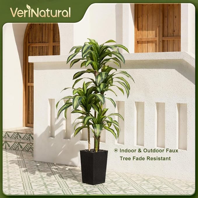 Artificial Dracaena Tree 6FT - UV Resistant Faux Tree with Large Taper Planter & Pebbles - Tall Fake Plants Indoor & Outdoor, Potted Floor Plant for Home Living Room Porch Decor, VN127