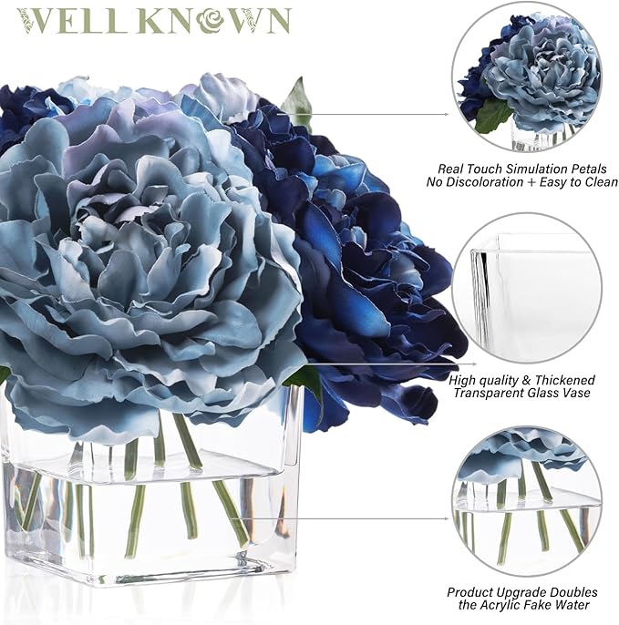 Artificial Peonies Flowers Arrangements in Cube Glass Vase, WELLKNOWN Silk Flower Centerpieces for Dining Room Table, Coffee Table Decor, Faux Peony Flowers with Faux Water (Bicolor Blue)