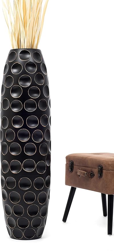 Leewadee Large Black Home Decor Floor Vase – Wooden 41 inches Tall Farmhouse Decor Flower Holder for Fake Plant and Pampas Grass
