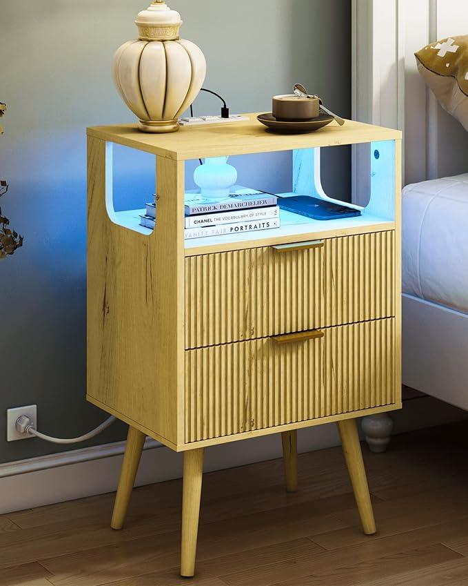 Nightstand with Charging Station and LED Lights,Modern Bedside Table with 2 Storage Drawer and Open Wood Shelf, for Bedroom and Small Spaces,Night Stand with Solid Wood Legs (Yellow Oak)
