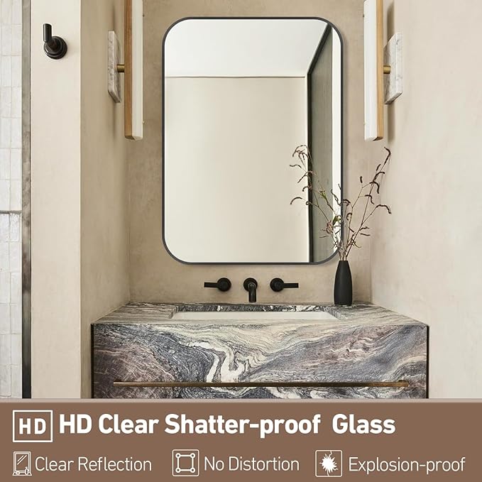 FARMER 16x20 Inch Black Bathroom Mirror, Brushed Rectangle Vanity Mirrors for Wall, Metal Frame Wall Mirror, Vanity Mirror with Round Corner for Bedrooms, Entryways, Living Rooms, Horizontal/Vertical