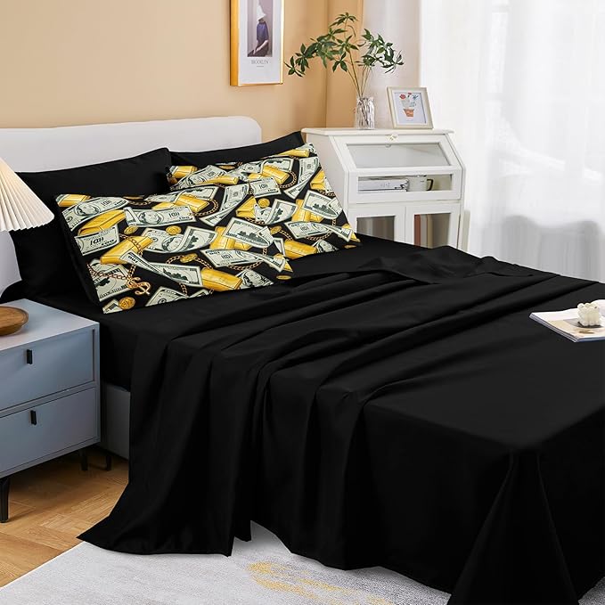 Bedorm Dollar Comforter Sets Black Gold Bedding Queen Size Bed in A Bag Money Gold Bar Pattern Rich Bedding Comforter Sets American Vintage Bed Sets