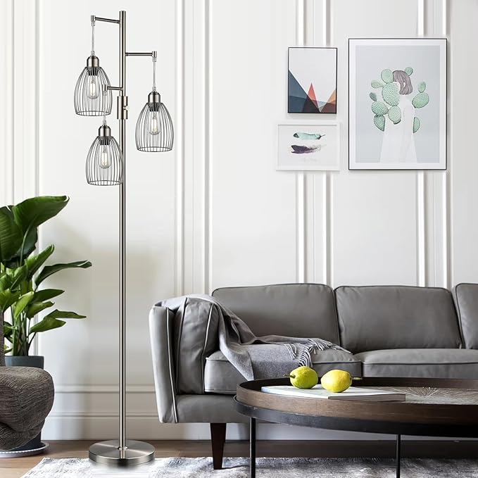 Dimmable Floor Lamp, Metal, 3 x 800LM LED Edison Bulbs Included, Industrial Floor Lamp Standing Tree Lamp with Elegant Teardrop Cage Heads Tall Lamps for Living Room Bedroom-Brushed Nickel