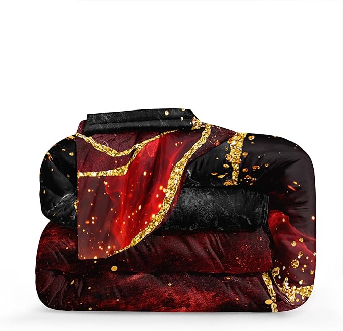 Red Black Comforter Set Black Gold Marble Bedding Set King Size Burgundy Dark Red Gothic Hippie Comforter Watercolor Retro Bedding Comforter
