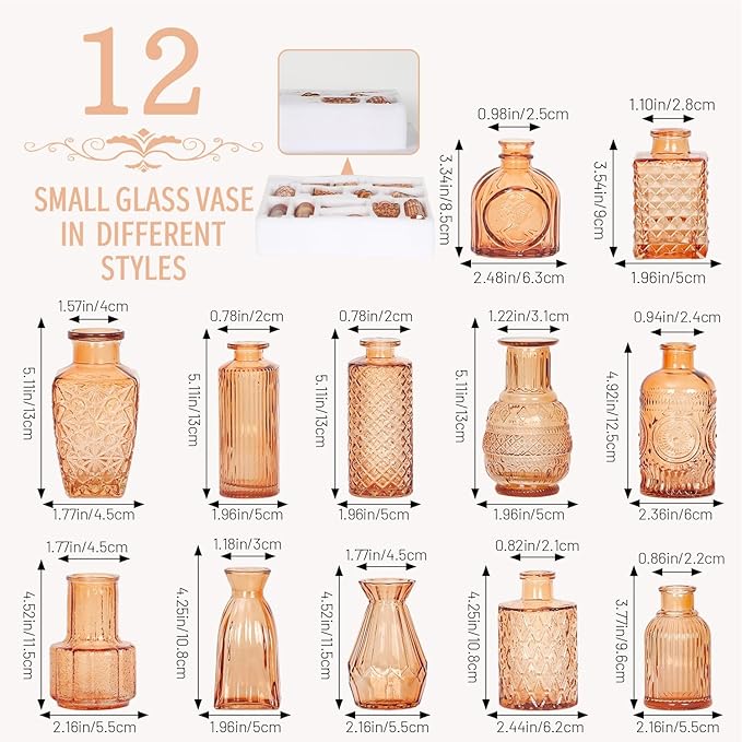 Mini Bud Vases Set of 12 As Wedding Centerpieces for Tables,Clear Bud Vases for Flowers,Small Flower Vases Suitable for Birthday Party,Anniversary,Wedding Reception,Baby Shower (Amber, 12PCS)