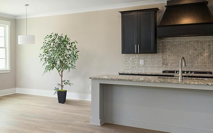 Artificial Ficus Plant 6ft, Faux Tree with Black Tall Planter, Fake Ficus Leaves Trees in Pot, Artificial Floor Plants for Home Living Room Office Garden Balcony Foyer Decor Indoor