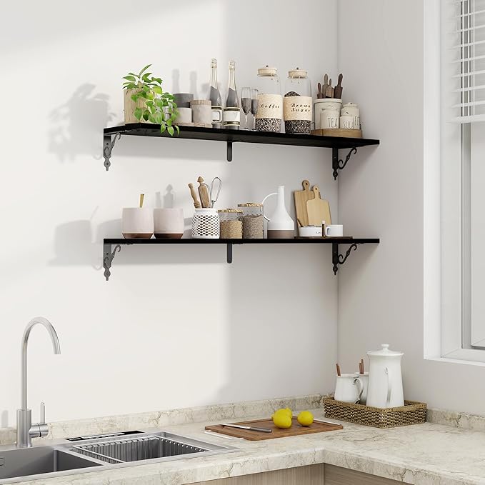 Fun Memories 40 Inch Floating Shelves Wall Mounted, 8 Inch Deep Wall Shelves with Bracket, Rustic Hanging Bookshelf, 40" Bookshelves for for Living Room, Kitchen and Bedroom, Black, Set of 2