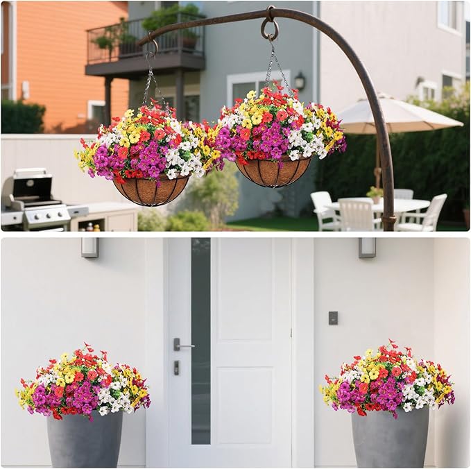 2 Pack Outdoor Artificial Flowers with Hanging Basket, Fake Hanging Flowers for Spring Summer Front Porch Patio Yard Garden Home Decor (Creamy White, Red, Purple, Yellow)