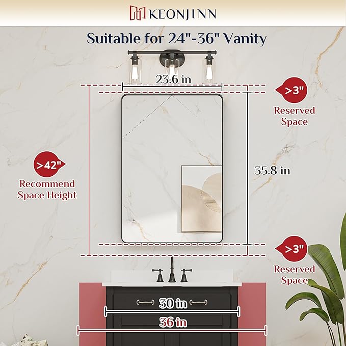 Keonjinn Black Bathroom Mirror for Vanity 24 x 36 Inch Metal Framed Wall Mirror Matte Black Rounded Rectangle Farmhouse Mirror, HD Tempered Glass, Wall-Mounted Decorative Mirror(Horizontal/Vertical)