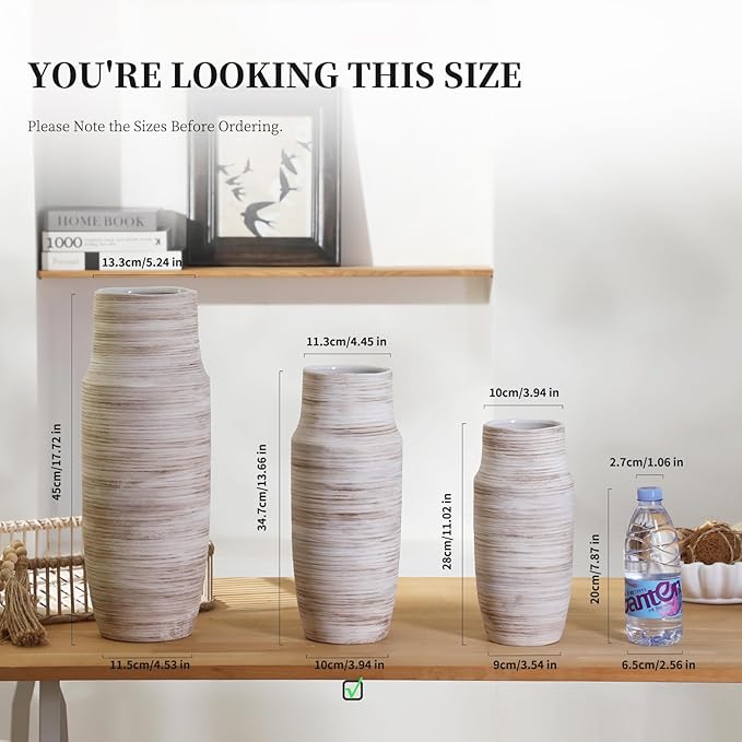 ALMA 14 inch White Floor Vase for Modern Living Room Home Decor, Big Boho Ceramic Vases for Tall Pampas Grass, Decorative Ribbed Flower Vases for Entryway Table, Kitchen Island, Fireplace Decor