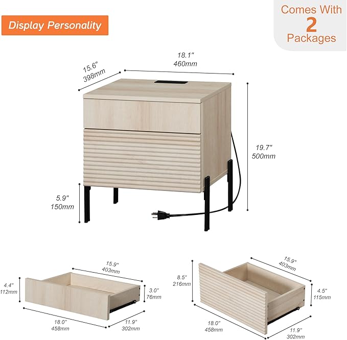 WAMPAT Fluted Nightstand with Charging Station,19.7" Tall Mid Century Modern Night Stands, Wood Side End Table with 2 Drawers, Wood Bedside Table with Metal Legs for Bedroom,Living Room, Beige