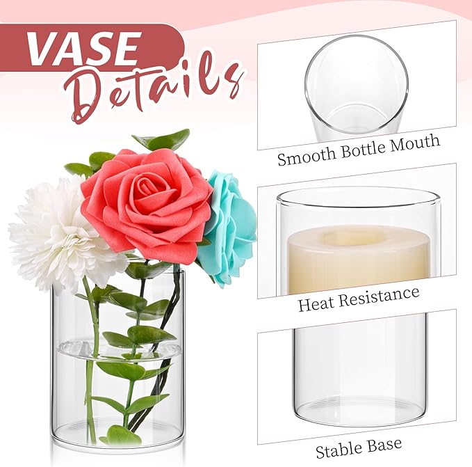 6 Pack Glass Cylinder Vases 8 Inch Tall Clear Flower Vase Bulk Glass Vases Hurricane Floating Candle Holder for Table Centerpiece Party Wedding Home Decor
