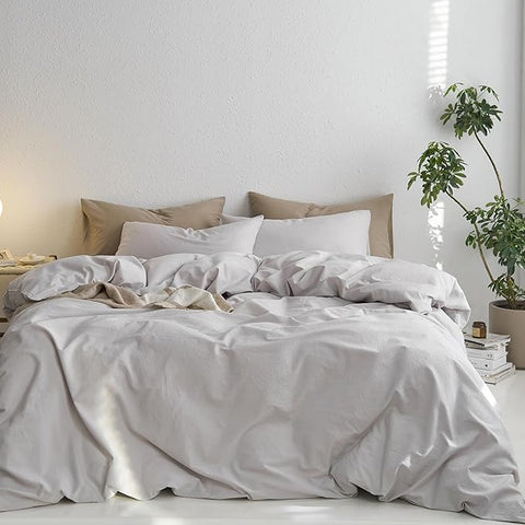 MooMee Twin Duvet Cover Set, 100% Washed Cotton Linen Like Twill Thick Sturdy Material Super Soft Breathable Durable Bedding for All Season, 2 Pieces (Light Gray, Twin 68"x90")