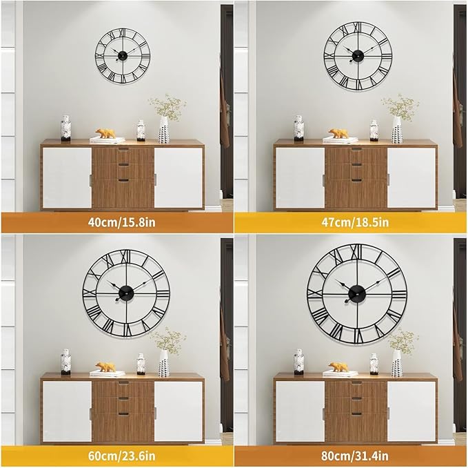 Silent Non-Ticking Decorative Large 24 Inch Metal Vintage Retro Roman Numerals Wall Clock, Battery Operated for Living Room, Bedroom, Kitchen, Office, Cafe Farmhouse Decor