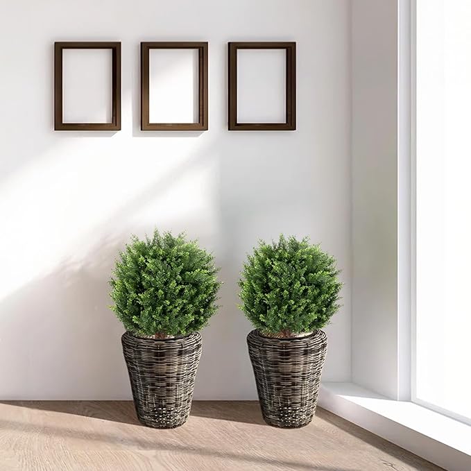 22''T Artificial Cedar Topiary Ball Tree 2 Pack, Artificial Bushes Fake Plants for Outdoor, Uv Resistance Rated Great for Outdoor, Indoor, Front Door Decor - Easy to Install.
