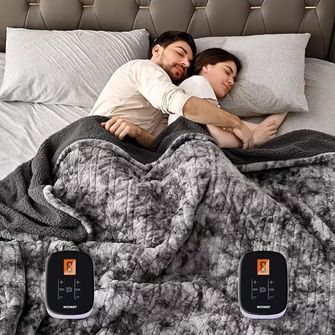 WOOMER Heated Blanket Queen Size, Dual Control, Electric Blanket 84"x 90", Double-Sided Faux Fur&Sherpa, Overheat Protection, 10 Heating Levels & 12H Auto Off, CPF, Home Office