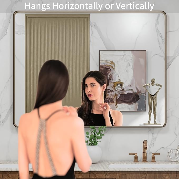 LOAAO 40”X30” Bronze Bathroom Mirrors for Vanity, Rounded Rectangle Brushed Bronze Metal Frame Mirror, Anti-Rust, Tempered Glass, Hangs Horizontally or Vertically