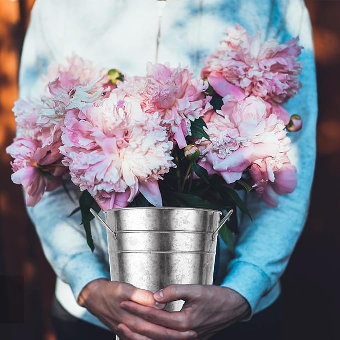 4 PCS Flower Buckets Bulk 12 Inch Galvanized Flower Bucket Metal Flower Vase with Handle, Metal Bucket Planter Floral Container for Flowers Arrangements Table Centerpiece Weddings Home (Silver)