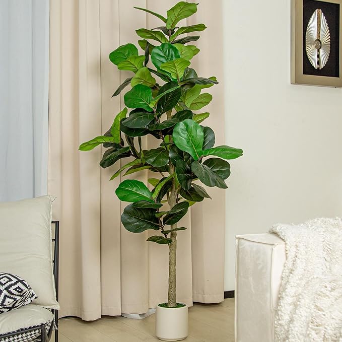 6FT Faux Fiddle Leaf Fig Tree with 7 inch White Planter Pot, Artificial Floor Plant, Indoor and Outdoor Fake Plants for Home Office Decor