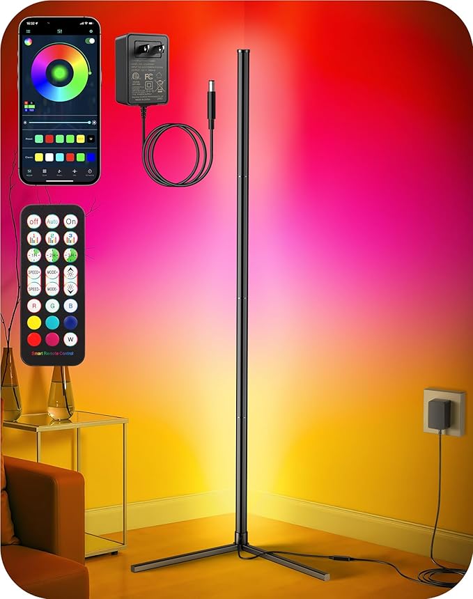 Corner Floor Lamp, Modern LED Corner Lamp with AC Adapter & APP & Remote Control, 16 Million Colors, 68+ Scene Modes, Music Sync, Ambient Lighting for Living Room, Bedroom, and Gaming Room