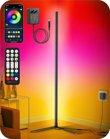 Corner Floor Lamp, Modern LED Corner Lamp with AC Adapter & APP & Remote Control, 16 Million Colors, 68+ Scene Modes, Music Sync, Ambient Lighting for Living Room, Bedroom, and Gaming Room