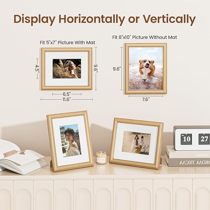 8"x10" Oak Wood Picture Frame, 8x10 Photo Frame with Tempered Glass, USA-Sourced Natural Oak Picture Frames Matted to 5x7 Photos Tabletop or Wall Mount Display, Wall Art Photo and Prints, 1 Pack