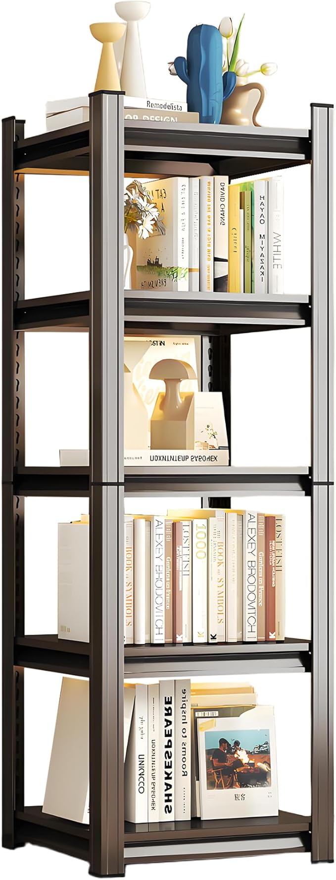 Tall Bookshelf with Open Shelves, Metal Office Book Shelf, Adjustable Organizer Bookcase, Standing Storage Organizer Shelf for Living Room (5 Tier 16" W x 16" D x 54" H)