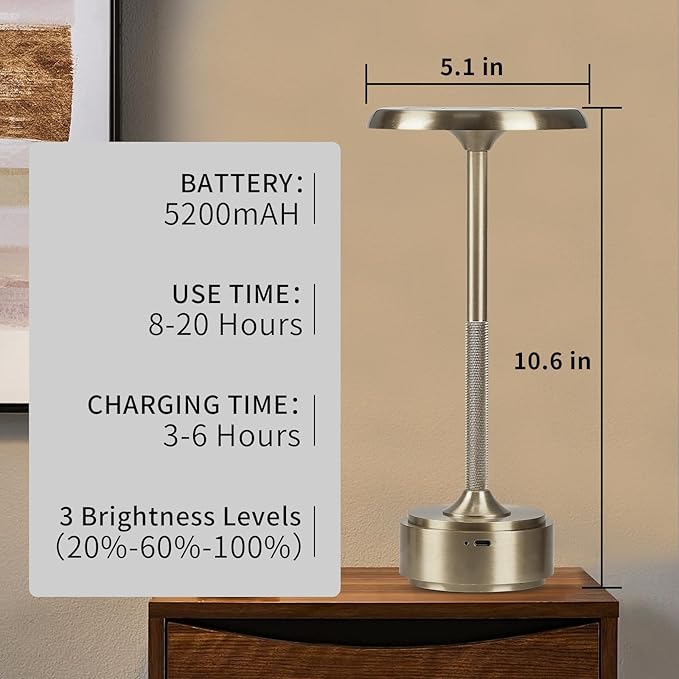 5200mAh Rechargeable Cordless LED Table Lamps Touch Sensor Light, 3-Levels Portable Dimming Wireless Battery Operated Lamp,Night Light/Restaurant Table/Outdoor/Coffee/Bar (Sliver)