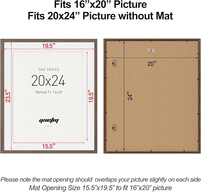 Yaetm 20x24 Picture Frame Matted to 16x20 - Brown Walnut, Solid Wood 20x24 Frame for Poster & Art Print, Lightweight, Horizontal and Vertical Wall Hanging for Photo Gallery (2 Pack, Walnut)