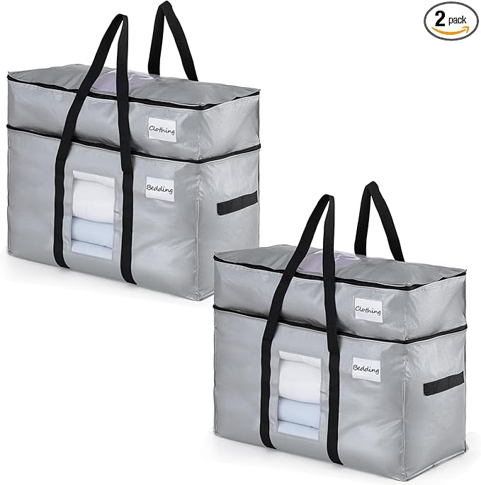TAILI 2 Tier Extra Large Moving Bags, 2 Pack Silver Heavy Duty Totes For Storage with Visible Window, Wrap Around Handles, Storage Bags for Space Saving, Alternative to Moving Boxes