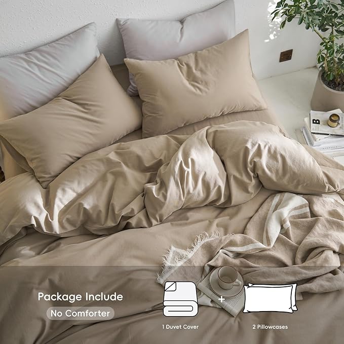 MooMee Queen Duvet Cover Set, 100% Washed Cotton Linen Like Twill Thick Sturdy Material Super Soft Breathable Durable Bedding for All Season, 3 Pieces (Mocha Brown, Queen 90"x90")