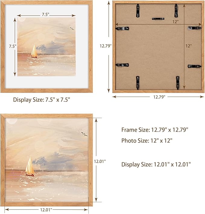 12x12 Picture Frame, Solid Oak Wood 12"x12" Photo Frame for Wall, 12 x 12 Frame Matted to 8 x 8, Square 12x12 Frame, Tempered Real Glass, 12 x 12 Collage Gallery Frames - Natural Oak Color, 1 Pack