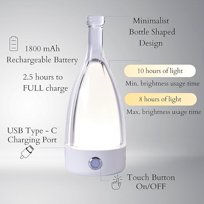 GlassGlo Cordless Rechargeable Battery Operated Touch Button Table Lamp, Stepless Dimming, 3 Color Modes, Modern Patio/Bed/Night Lamp (White)