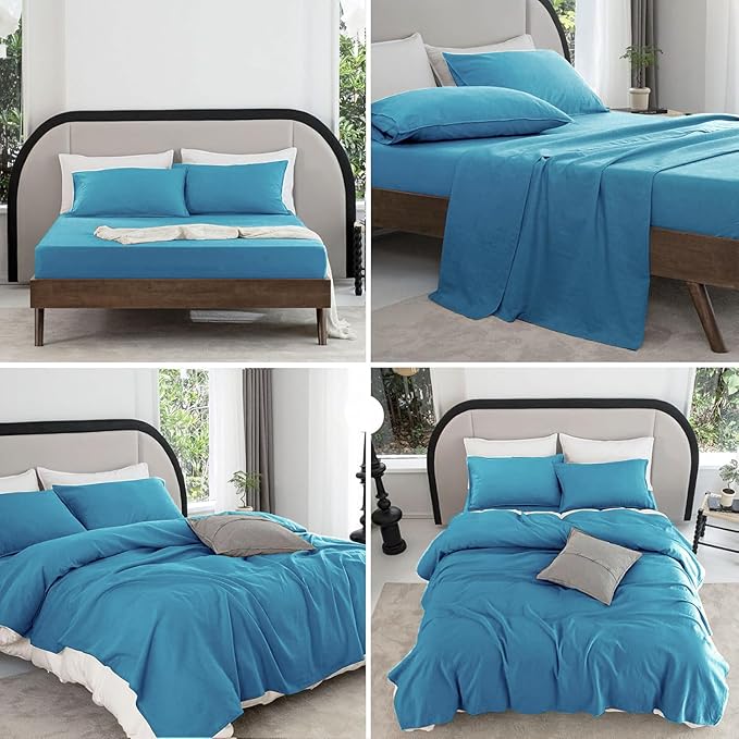 Talasily Linen Sheets-Queen Size Sheets Set,Blend from Linen Cotton Bedsheets,All Seasons Soft Breathable 4 Piece Set-Blue