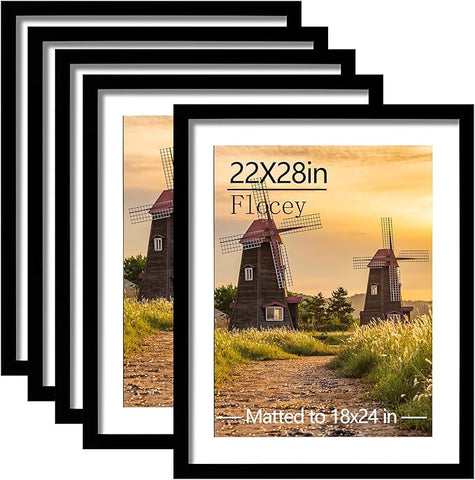22x28 Picture Frame Set of 5, Black Poster Frame, Display Pictures 18 x 24 with Mat or 22 x 28 Without Mat for Horizontal or Vertical Wall Mounting, Wall Gallery Frame