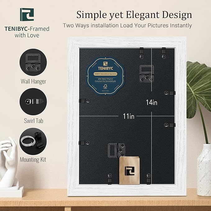 11x14 White Picture Frame - 4 Pack, HD Tempered Glass, Elegant Wood Grain, Classic 11 x 14 Photo Frame, Wall Hanging - Bedroom Decoration