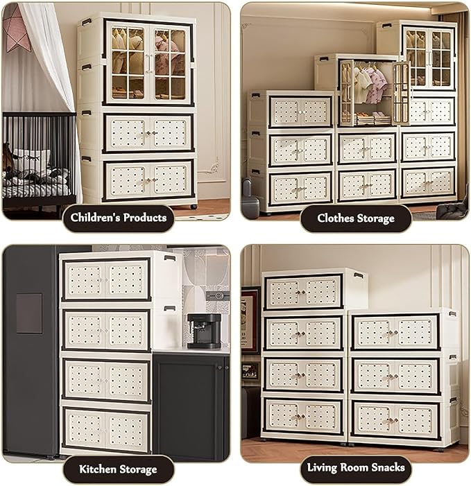 Lockable Storage Bins with Lids, Folding Storage box with Doors and Wheels, Collapsible Plastic Storage Bins for Closets, Stackable Storage Organizer, Storage Containers (Printed, 4-Tier)