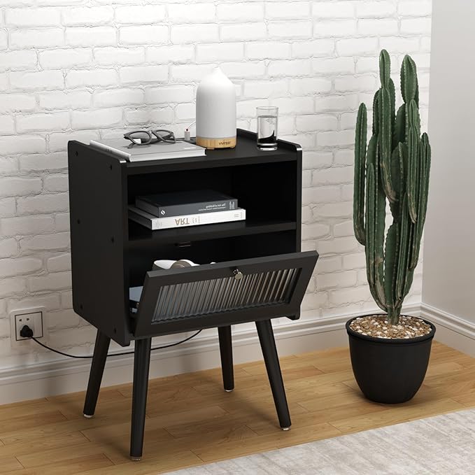 Mid Century Modern Nightstand with Charging Station, Bedside Tables with Glass Decorative Door, End Table Side Table with 2 Tiers Storage Space, for Bedroom, Living Room, Black