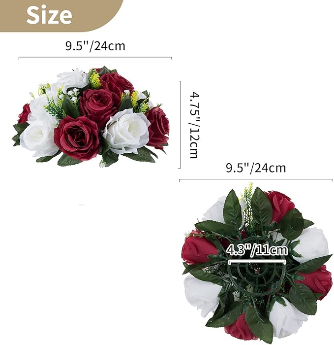 NUPTIO Flower Wedding Centrepieces for Tables - 6 Pcs 9.5in Diameter Burgundy & White Artificial Flowers Rose Ball for Centerpieces Table - Fake Rose Arrangements for Weddings Birthday Party Decor