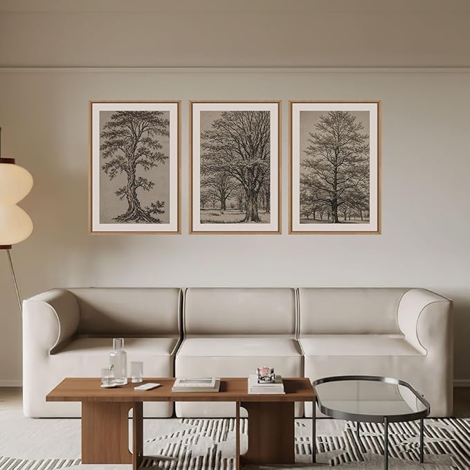 HOURIA Vintage Tree Sketch Framed Canvas Wall Art Set,Retro Neutral Botanical Wall Decor,Mid Century Woodland Drawings Artwork,Nature Antique Forest Art Print for Living Room,Bedroom,Office- 16"x24"x3