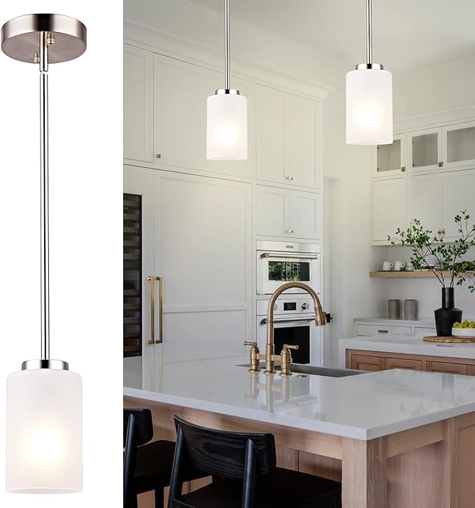 1-Light Mini Pendant Light Fixtures, Industrial Chandelier Hanging Ceiling Light with Opal White Shades, Adjustable Height, Brushed Nickel Pendant Lighting for Kitchen Bedroom Hallway, 2 Pack