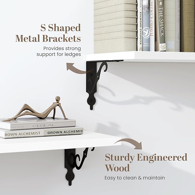 Fun Memories 40 Inch Floating Shelves Wall Mounted, 8 Inch Deep Wall Shelves with Bracket, Rustic Hanging Bookshelf, 40" Bookshelves for for Living Room, Kitchen and Bedroom, White, Set of 2