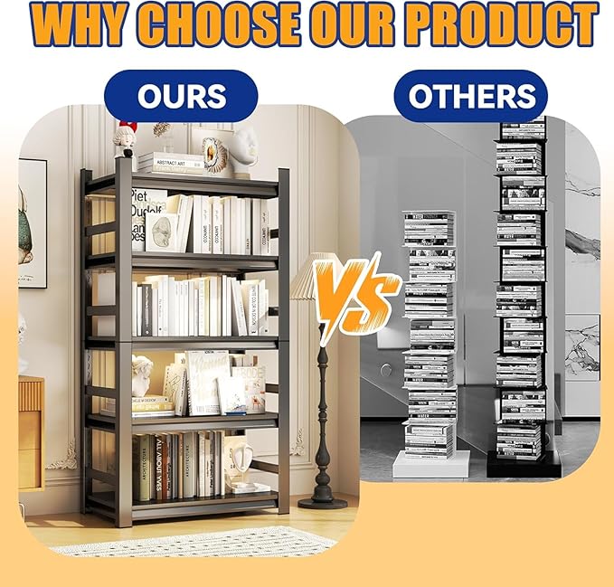 Tall Bookshelf with Open Shelves, Metal Office Book Shelf, Adjustable Organizer Bookcase, Standing Storage Organizer Shelf for Living Room (47.2" W*23.6" D*72" H)