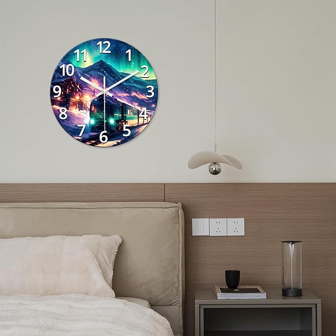 XNM Round Wall Clocks Battery Operated 20 Inch Teal Train Glass Clocks for Living Room Decor Auraro Silent Wall Clock Modern